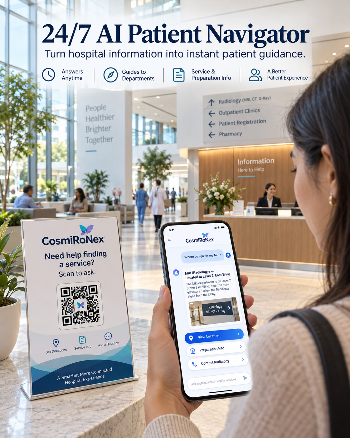 CosmiRoNex 24/7 AI Patient Navigator table stand and mobile concierge guidance in a modern hospital lobby