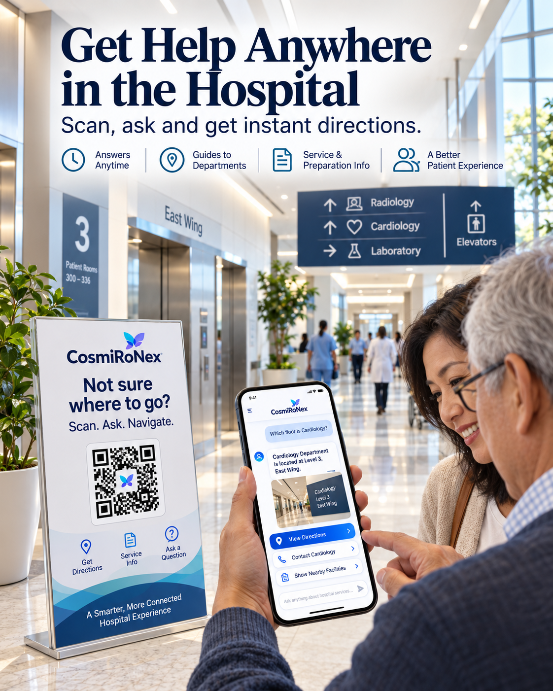 Visitors scanning CosmiRoNex hospital QR stand in corridor for instant floor and department directions
