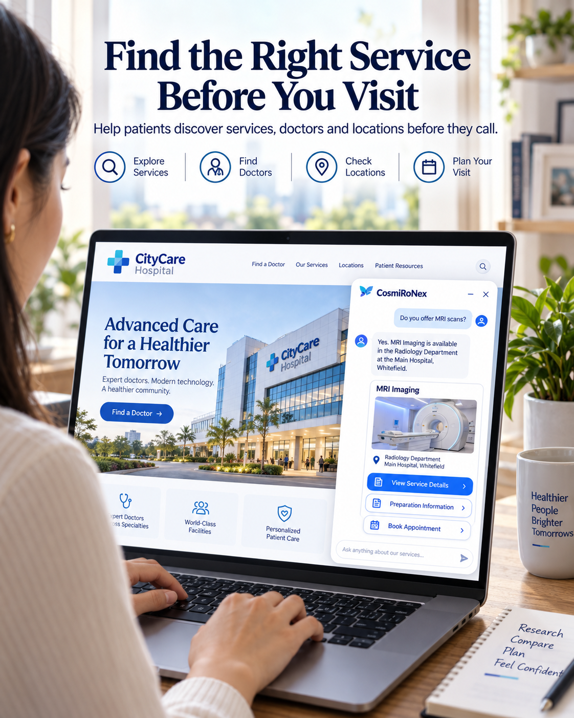 Patient discovering hospital services, doctor directories and appointment booking on hospital website