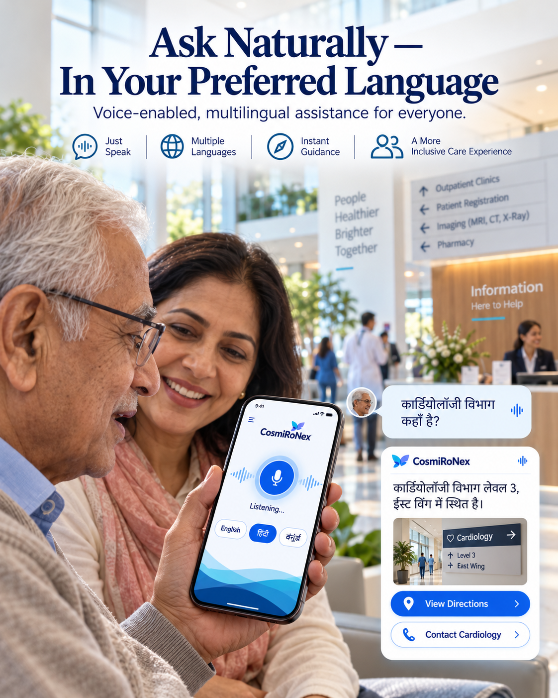Voice-enabled patient assistance providing spoken directions in English or Hindi