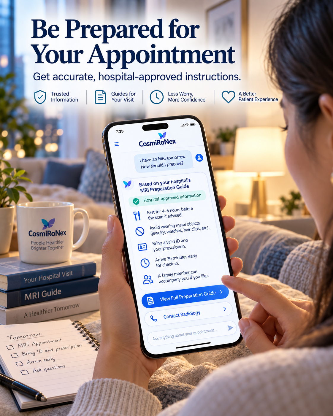 Patient reviewing hospital-approved appointment instructions and MRI preparation checklist on mobile